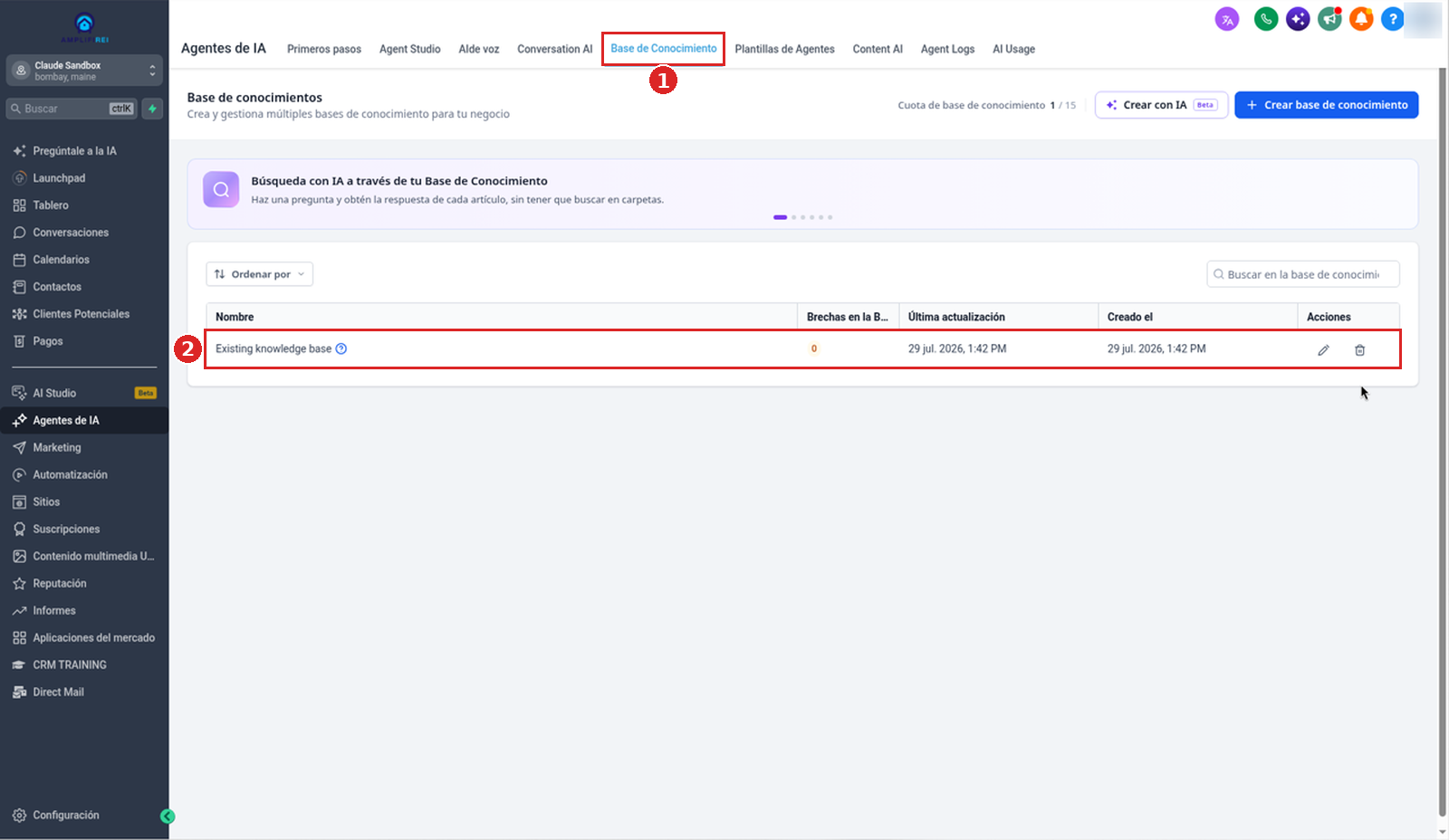 La pestaña Base de Conocimiento de Agentes de IA con la base de conocimientos Existing knowledge base