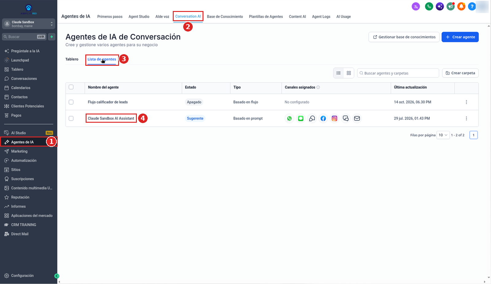Agentes de IA, pestaña Conversation AI, Lista de agentes, con el agente Claude Sandbox AI Assistant