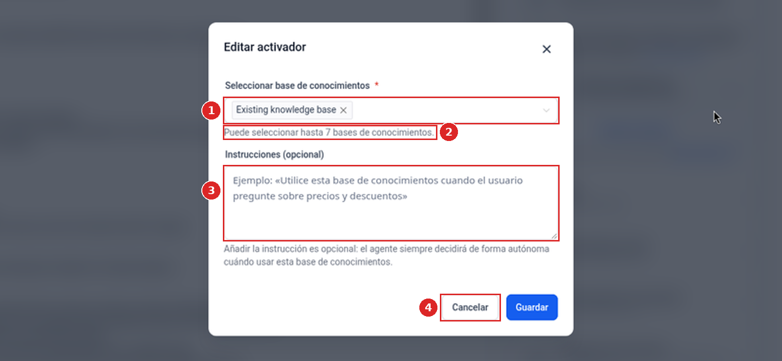 Ventana emergente Editar activador con Existing knowledge base seleccionada, el texto de ayuda sobre hasta 7 bases de conocimientos, Instrucciones (opcional) y Cancelar