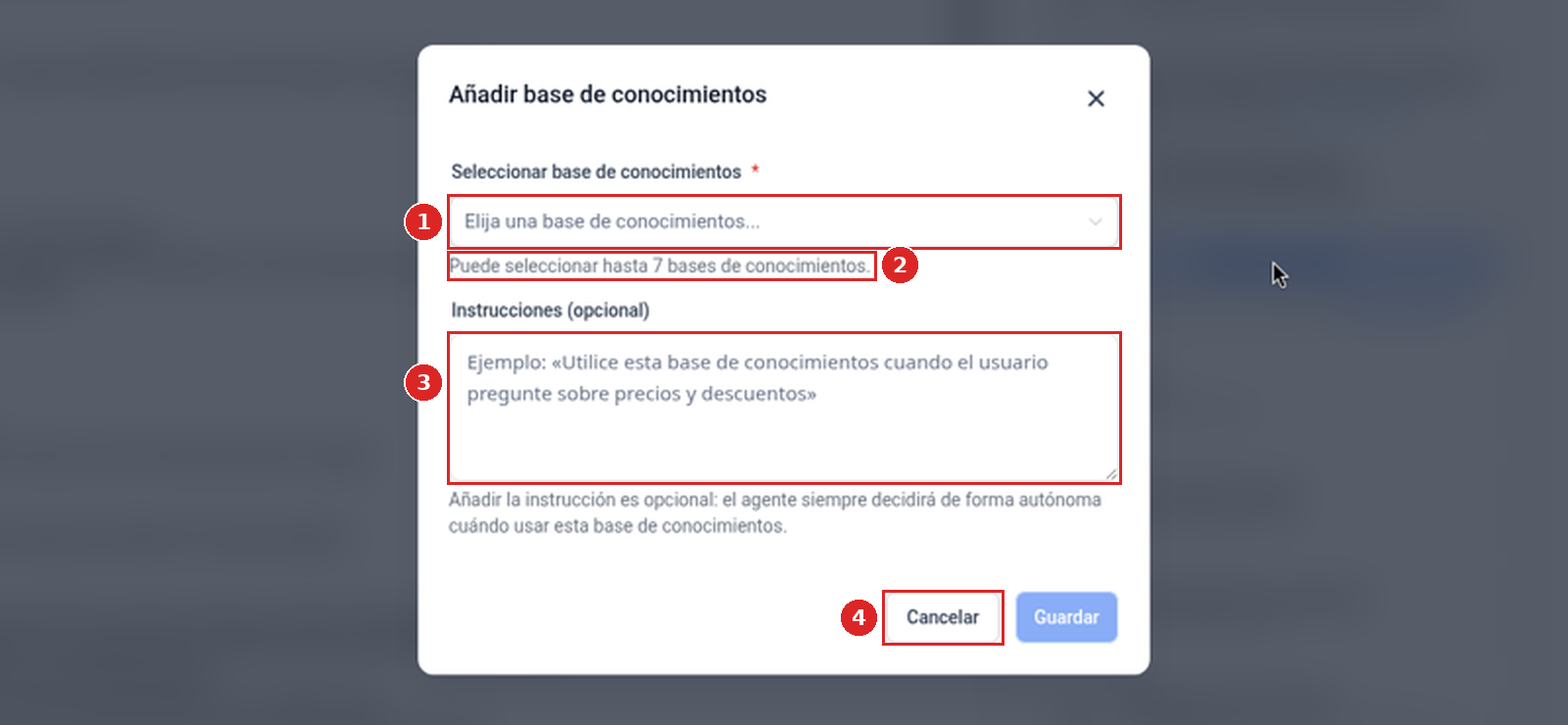 Ventana emergente Añadir base de conocimientos con Seleccionar base de conocimientos, el texto de ayuda sobre hasta 7 bases de conocimientos, Instrucciones (opcional) y Cancelar