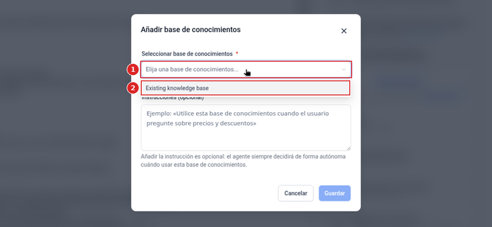 La lista Seleccionar base de conocimientos abierta en la ventana emergente Añadir base de conocimientos, con Existing knowledge base
