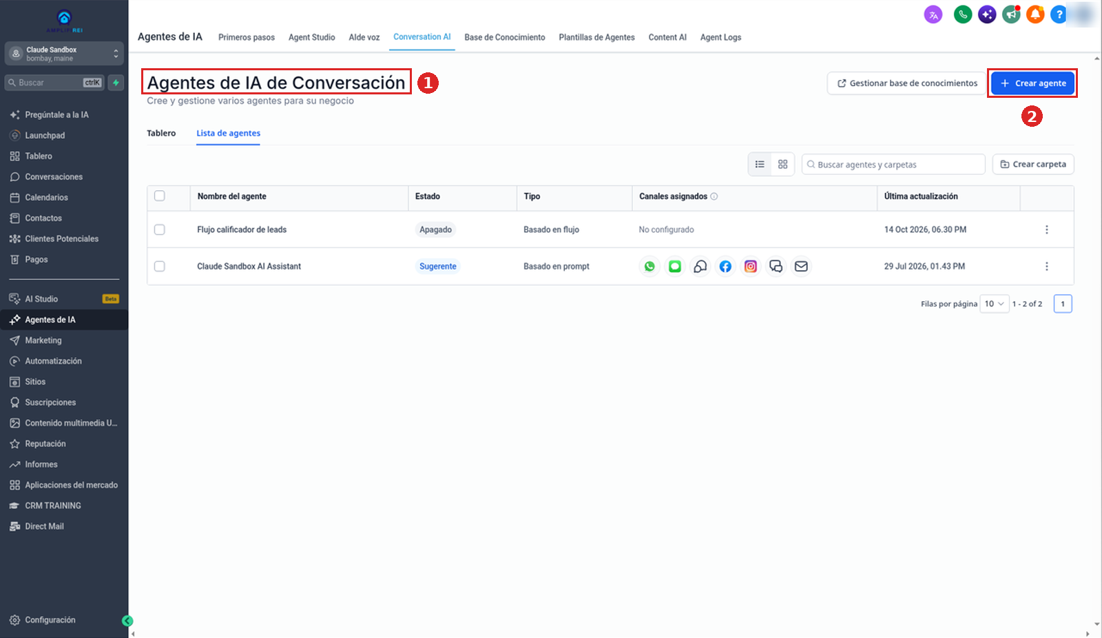 Página de agentes de Conversation AI con el botón Crear agente