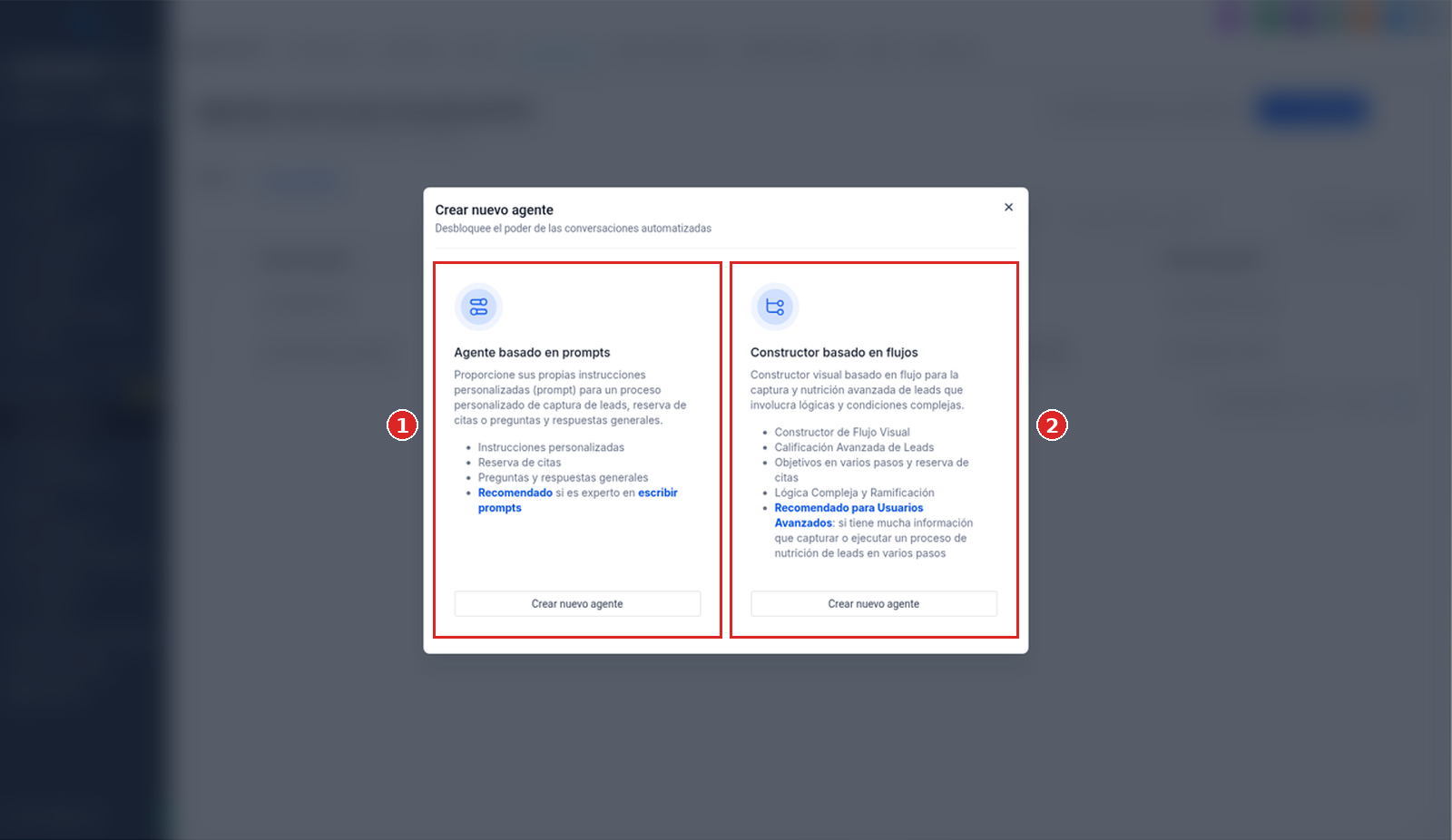Diálogo Crear nuevo agente con las tarjetas Agente basado en prompts y Constructor basado en flujos
