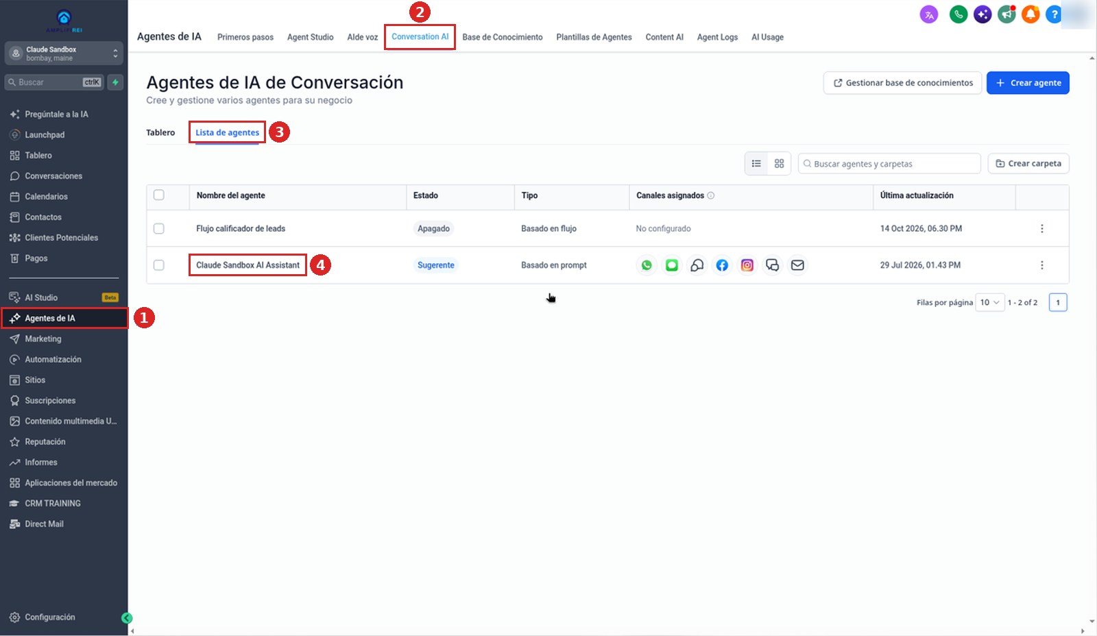 Agentes de IA → Conversation AI → Lista de agentes con el agente Claude Sandbox AI Assistant