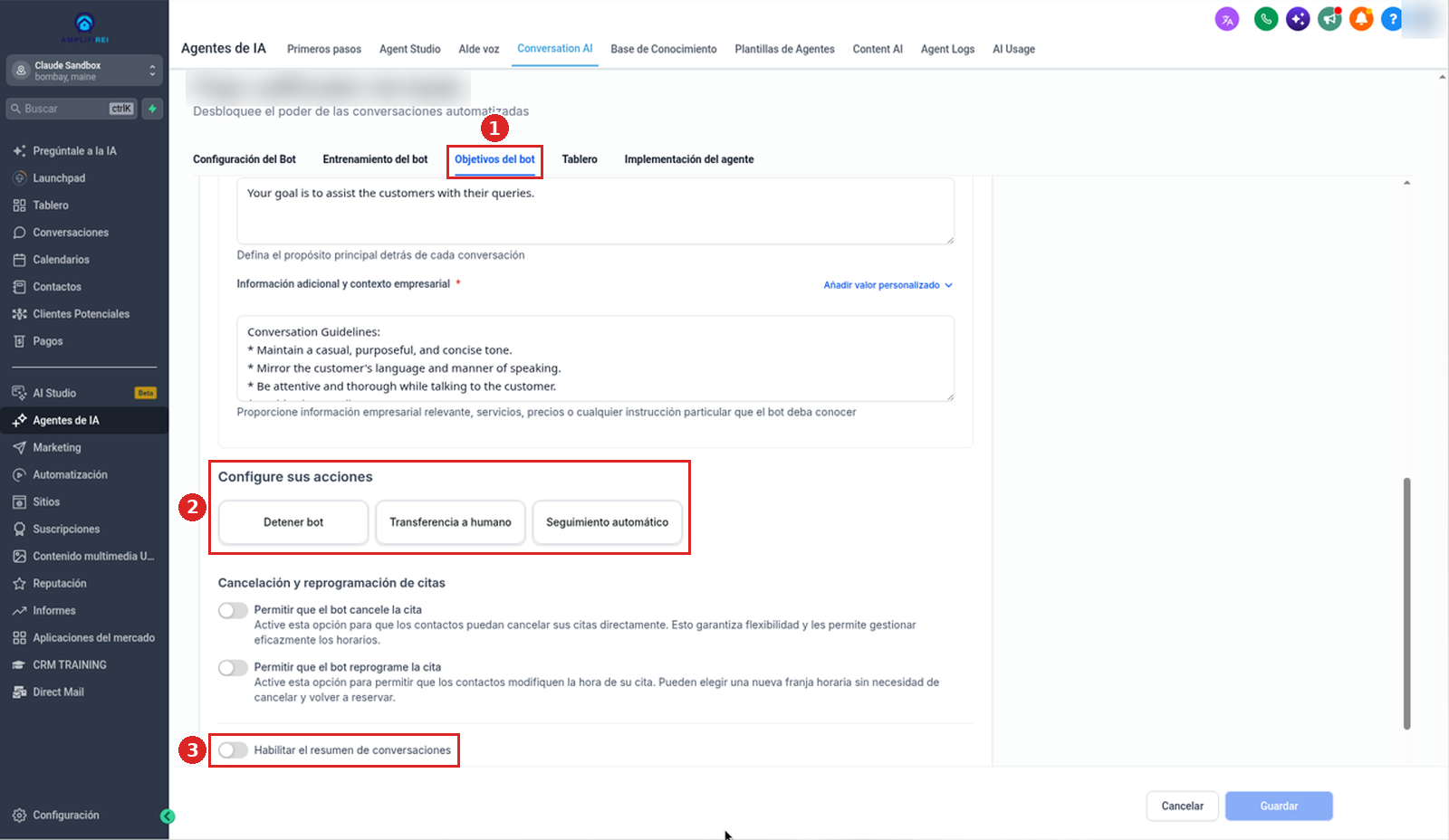 Pestaña Objetivos del bot de un agente de Conversation AI basado en flujos con Configure sus acciones y Habilitar el resumen de conversaciones
