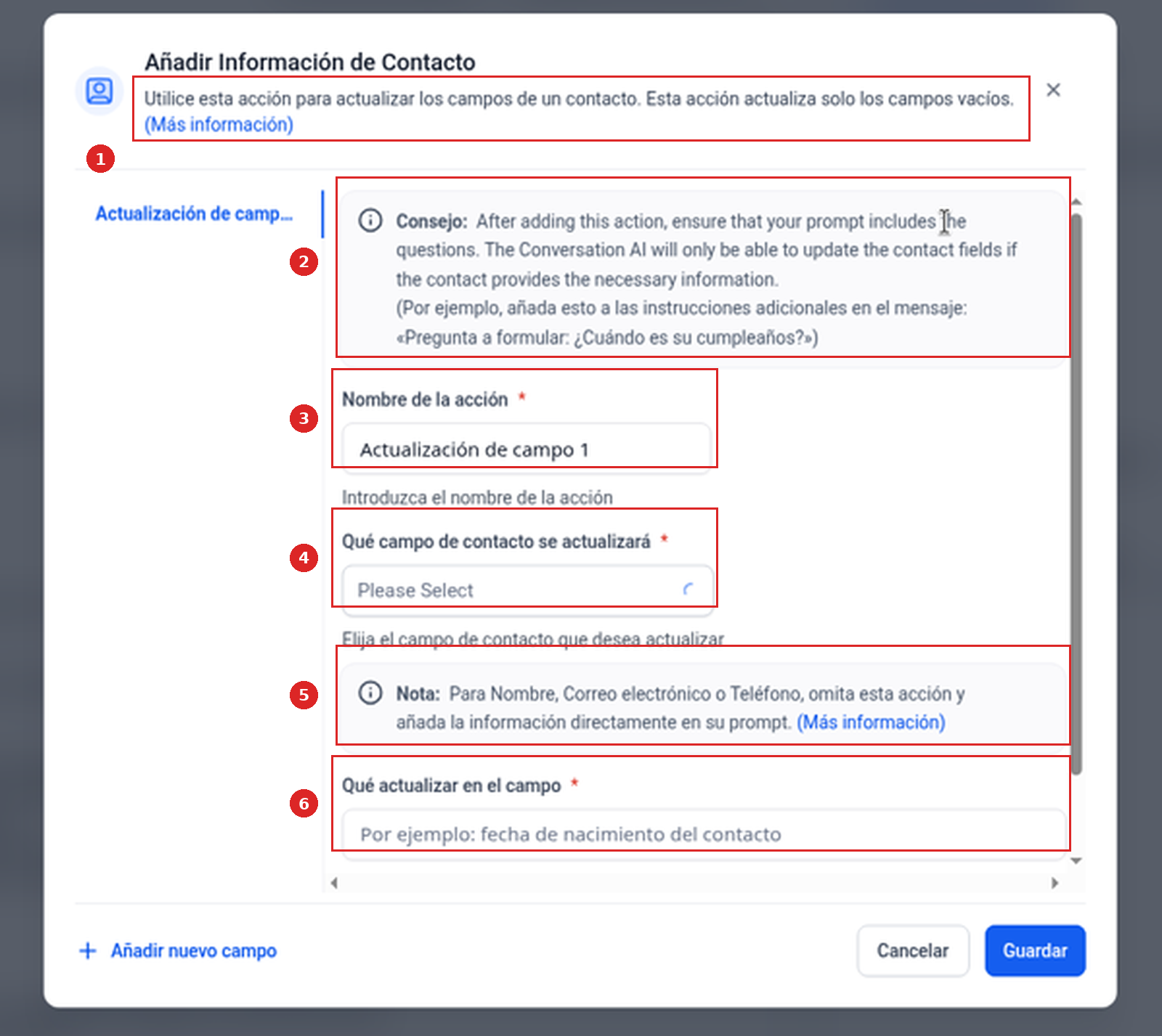 Ventana Añadir Información de Contacto con Nombre de la acción, Qué campo de contacto se actualizará y Qué actualizar en el campo