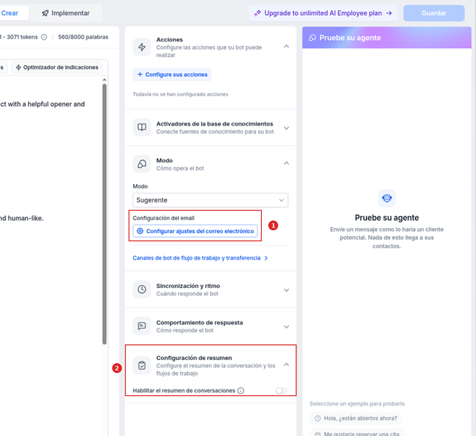 Sección Modo con Configurar ajustes del correo electrónico y Configuración de resumen con Habilitar el resumen de conversaciones