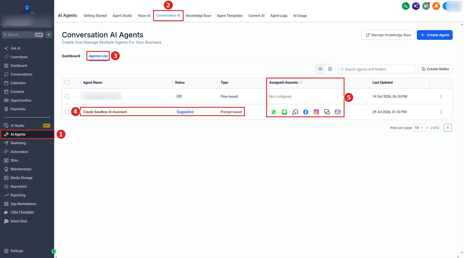 AI Agents → Conversation AI → Agents List with each agent's Status and Assigned channels