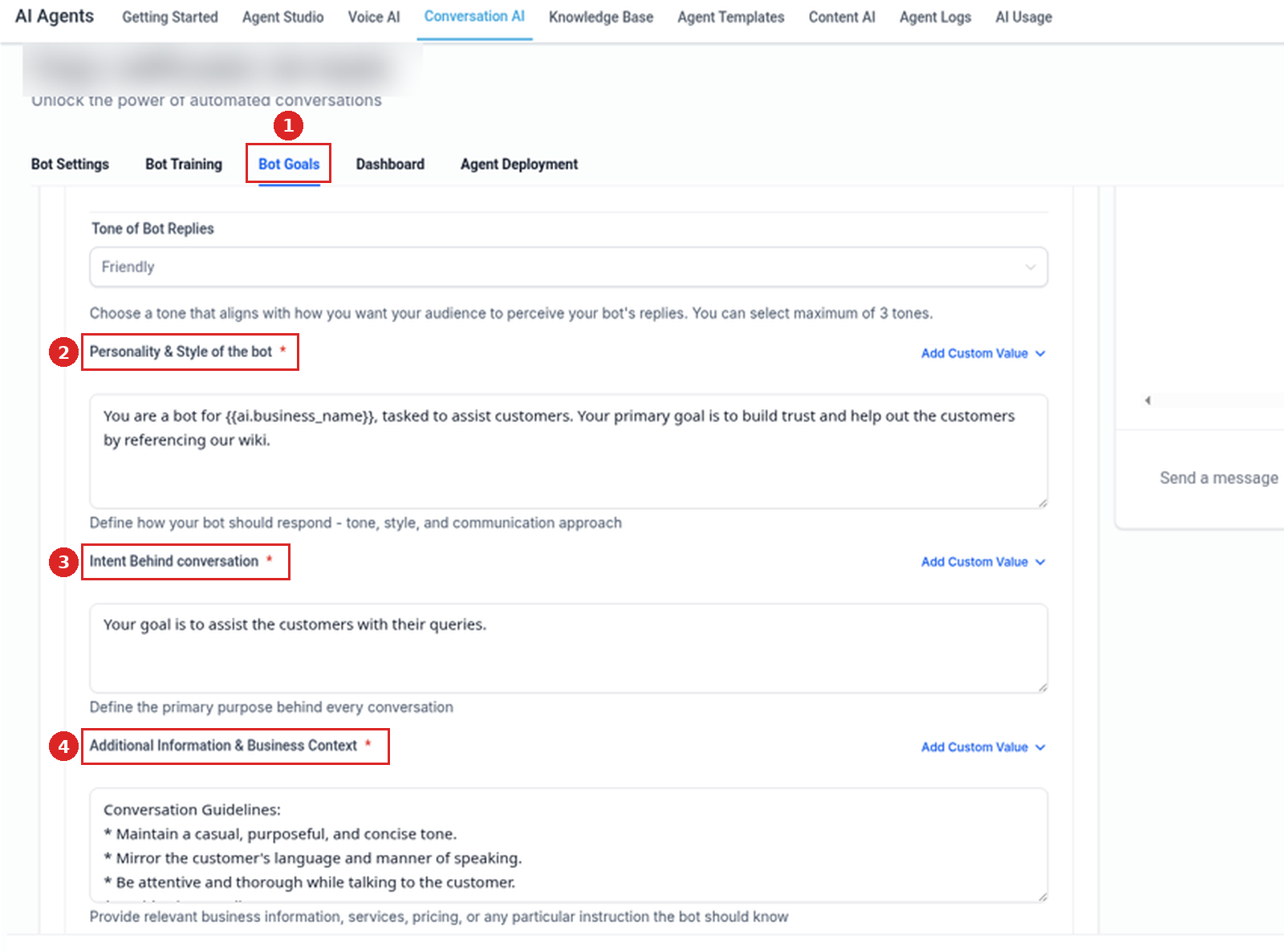 Bot Goals tab of a flow-based Conversation AI agent with Personality & Style of the bot, Intent Behind conversation and Additional Information & Business Context