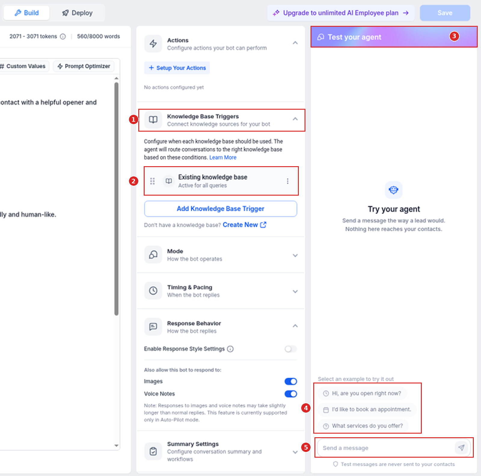 Knowledge Base Triggers expanded with Existing knowledge base Active for all queries, next to the empty Test your agent panel