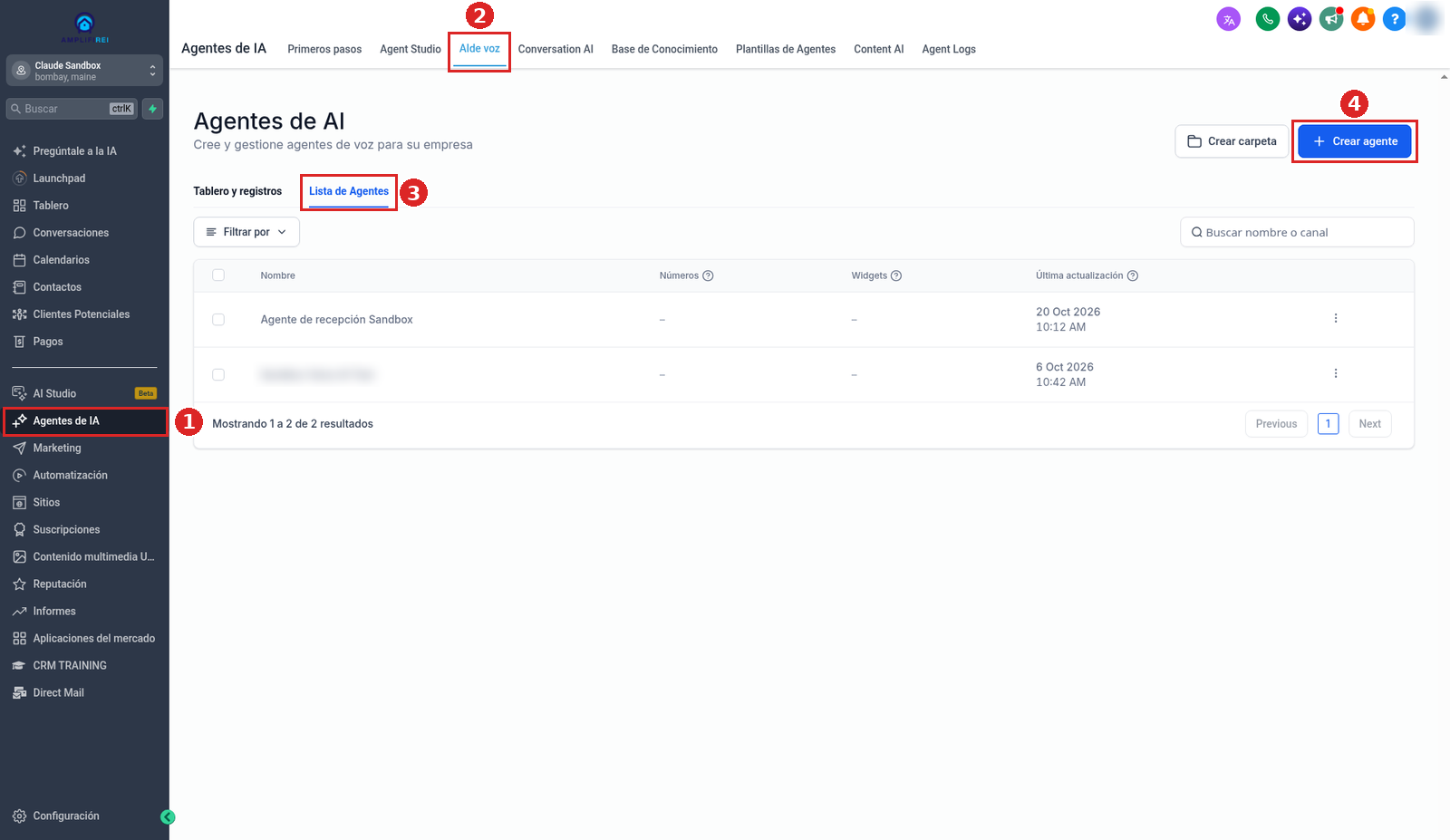 Página de Voice AI en Agentes de IA, pestaña Lista de Agentes, con el botón Crear agente