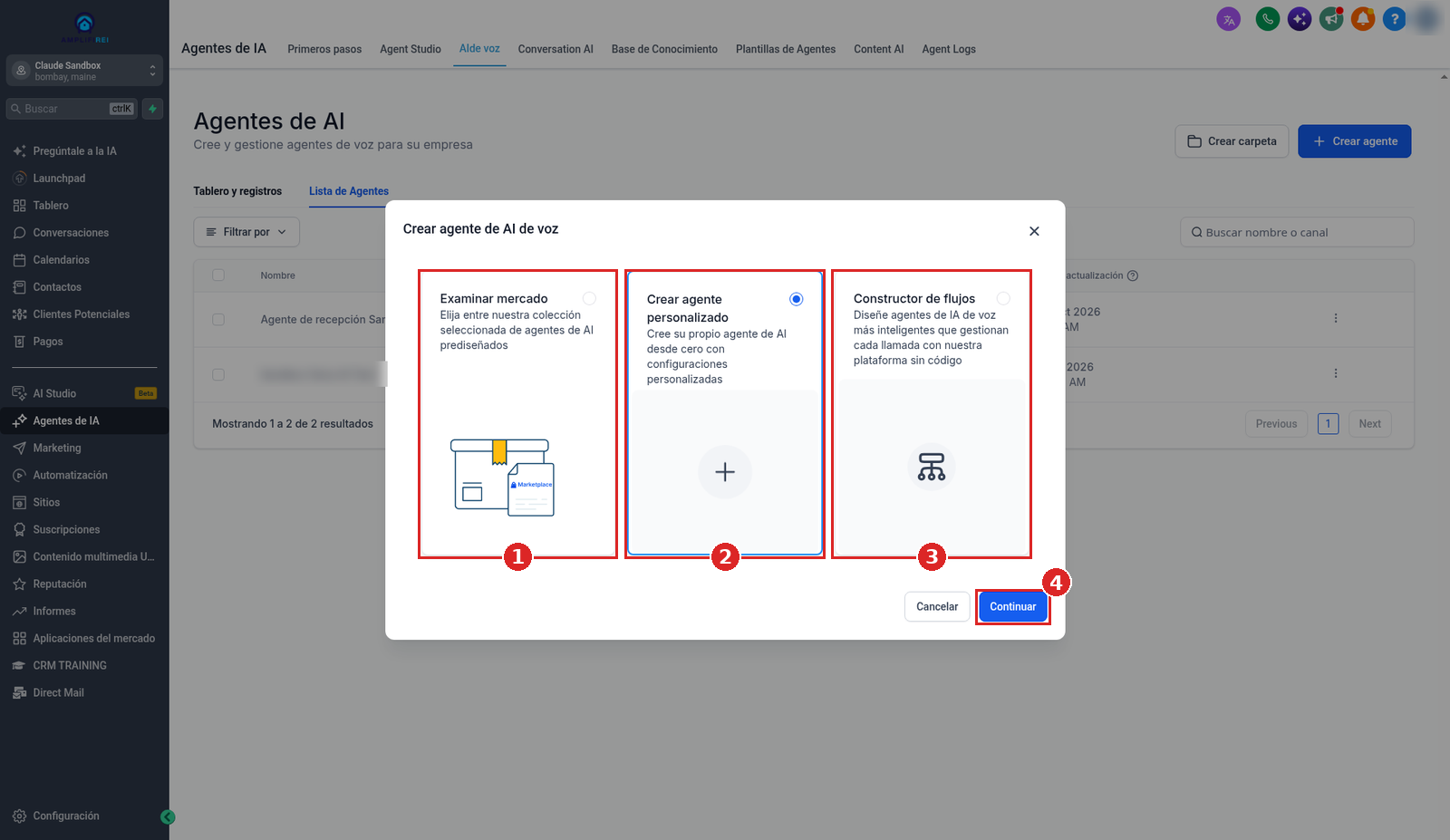 Ventana Crear agente de AI de voz con Examinar mercado, Crear agente personalizado seleccionado, Constructor de flujos y Continuar
