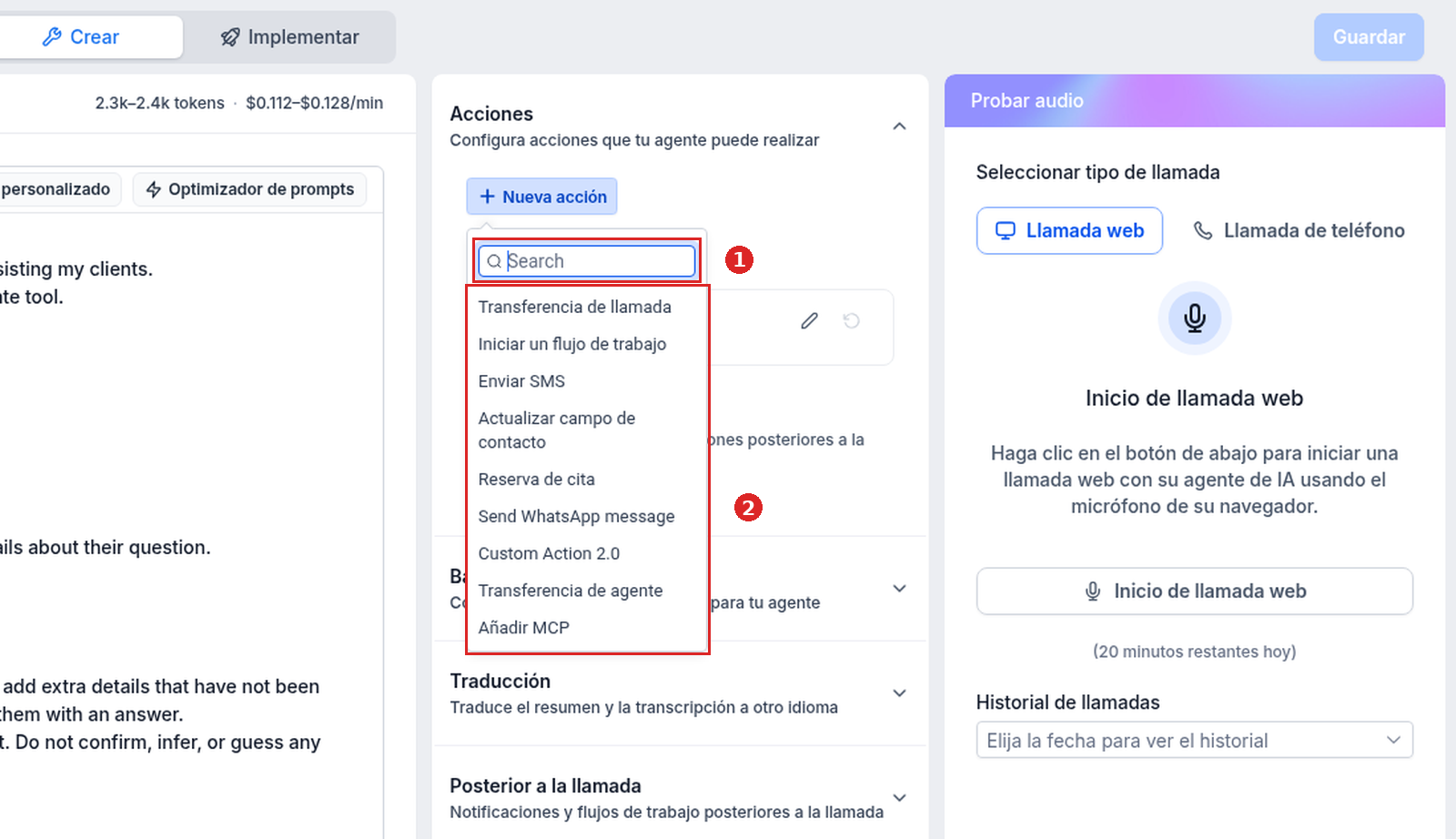 Menú Nueva acción con Search y nueve tipos de acción de Voice AI