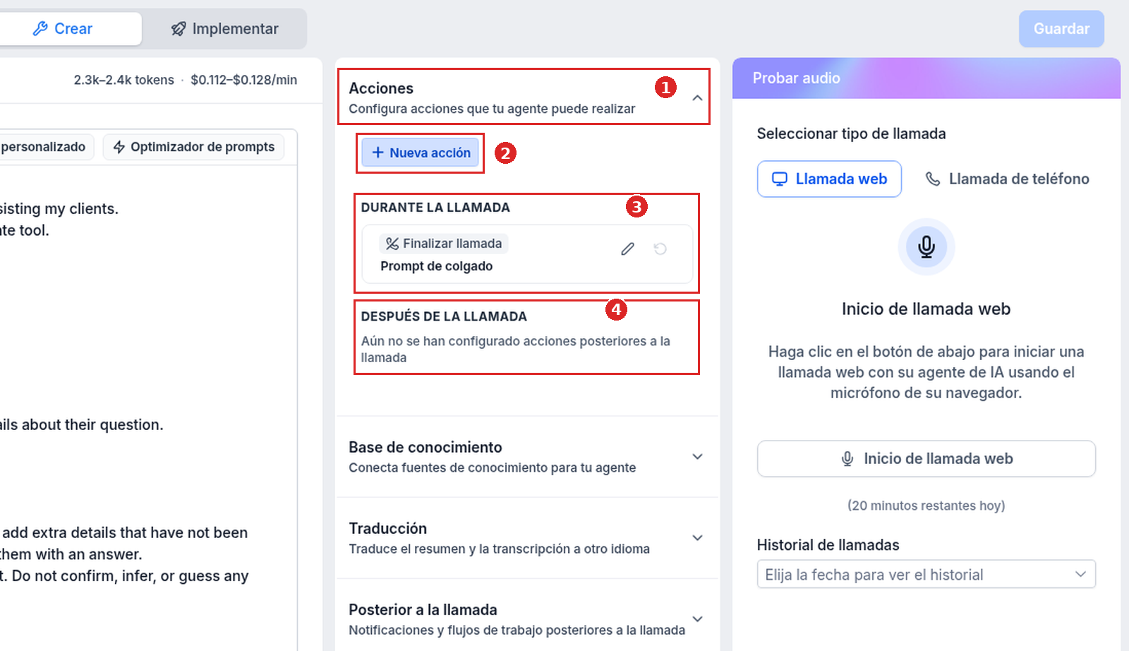 Sección Acciones de Voice AI con Nueva acción, una acción Finalizar llamada por defecto durante la llamada y ninguna acción después de la llamada