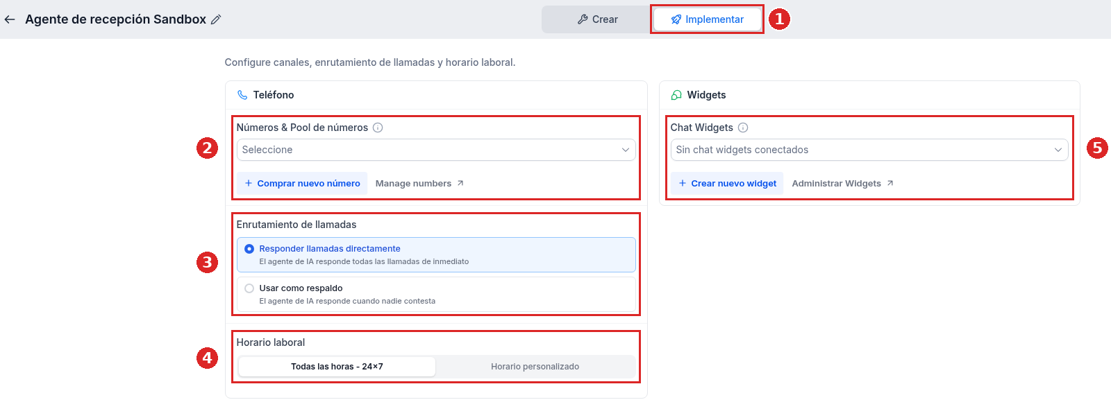 Pestaña Implementar de Voice AI con Números & Pool de números, Enrutamiento de llamadas, Horario laboral y Chat Widgets