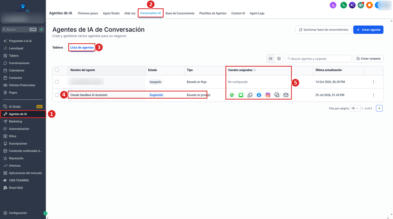 Agentes de IA → Conversation AI → Lista de agentes con el Estado y los Canales asignados de cada agente