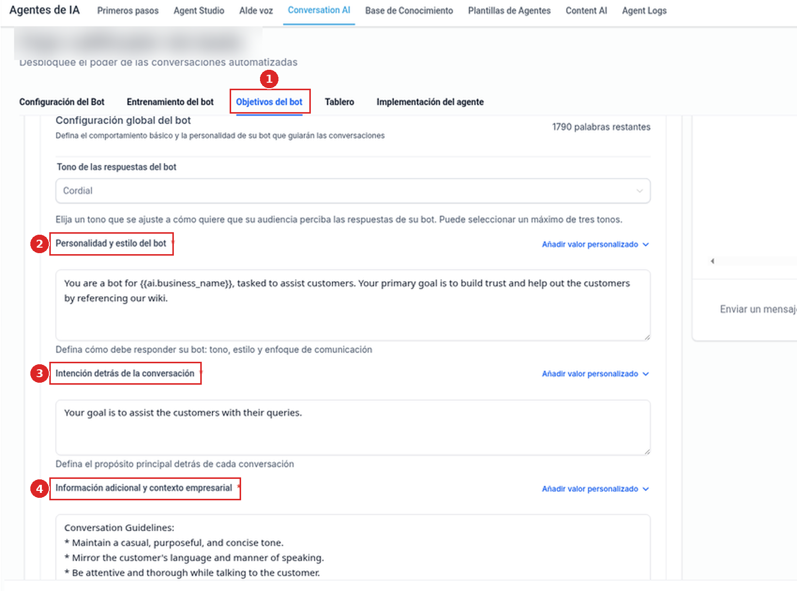 Pestaña Objetivos del bot de un agente de Conversation AI basado en flujos con Personalidad y estilo del bot, Intención detrás de la conversación e Información adicional y contexto empresarial