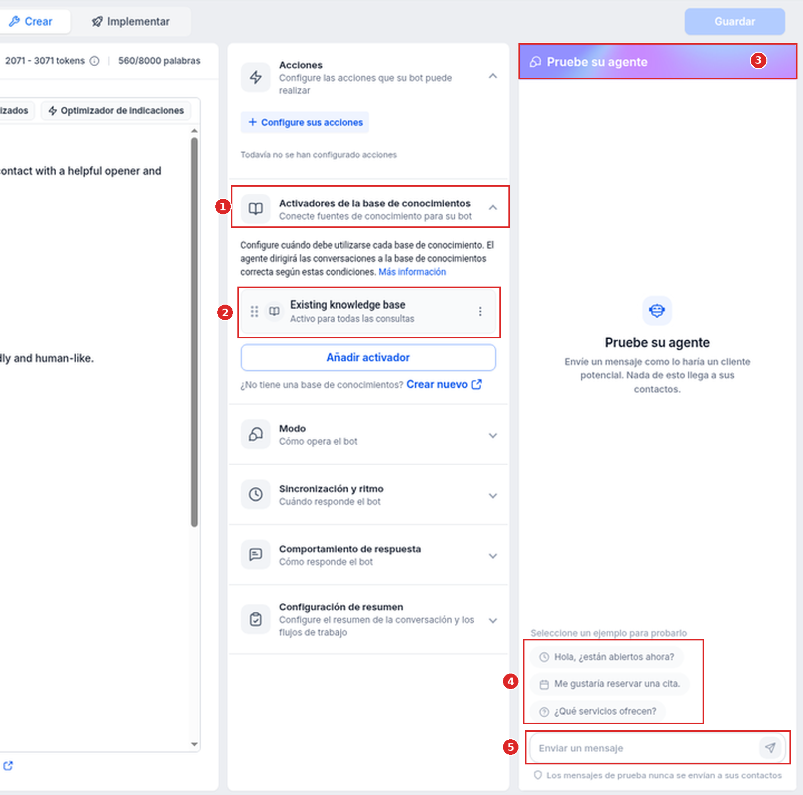 Sección Activadores de la base de conocimientos abierta con Existing knowledge base como Activo para todas las consultas, junto al panel Pruebe su agente vacío