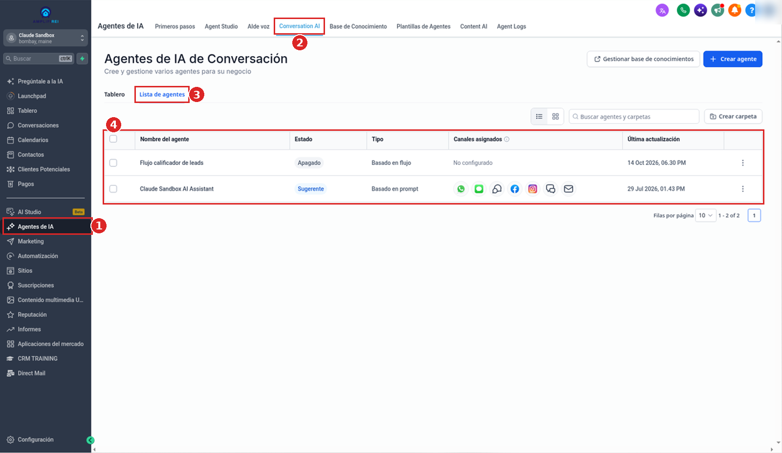 Agentes de IA, pestaña Conversation AI, subpestaña Lista de agentes y la tabla de agentes