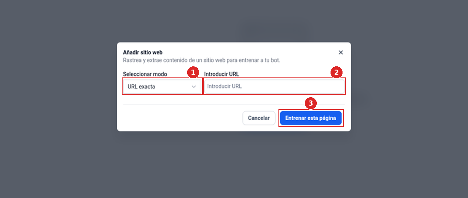 Ventana Añadir sitio web con Seleccionar modo, Introducir URL, Cancelar y Entrenar esta página