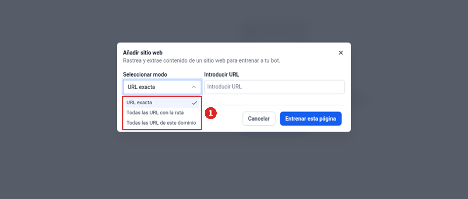 Lista Seleccionar modo: URL exacta, Todas las URL con la ruta, Todas las URL de este dominio