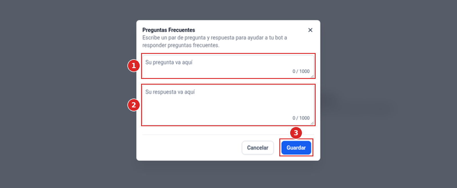 Ventana Preguntas Frecuentes con los campos de pregunta y respuesta y el botón Guardar