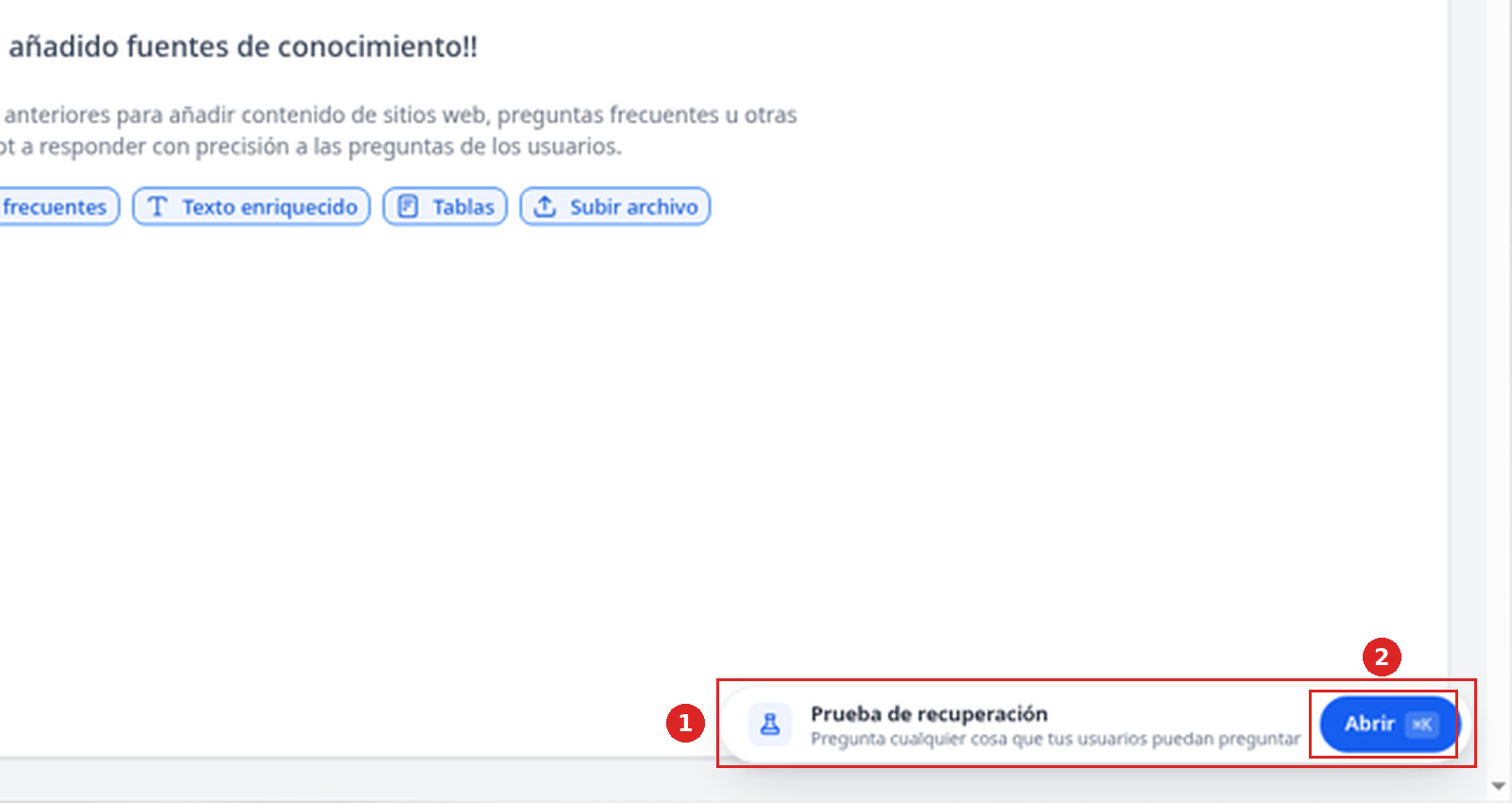 Widget Prueba de recuperación abajo a la derecha de la página de la base de conocimientos con su botón Abrir