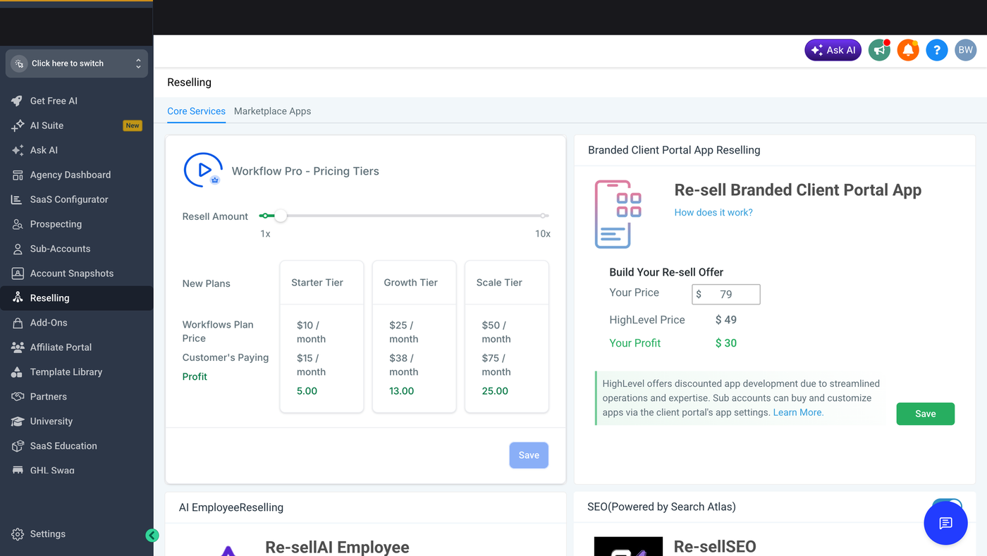 GoHighLevel Reselling screen — Core Services tab with resell markup slider and margin builder