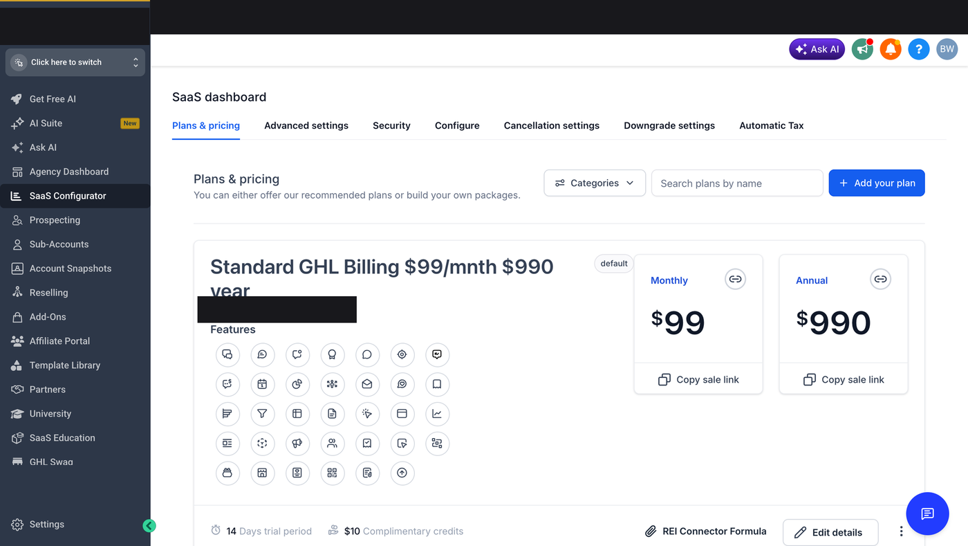 GoHighLevel SaaS Configurator — SaaS dashboard, Plans & pricing tab showing a plan with monthly and annual pricing, feature toggles, trial period and complimentary credits