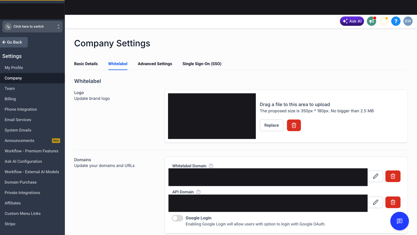 GoHighLevel Whitelabel settings — logo and custom domain fields