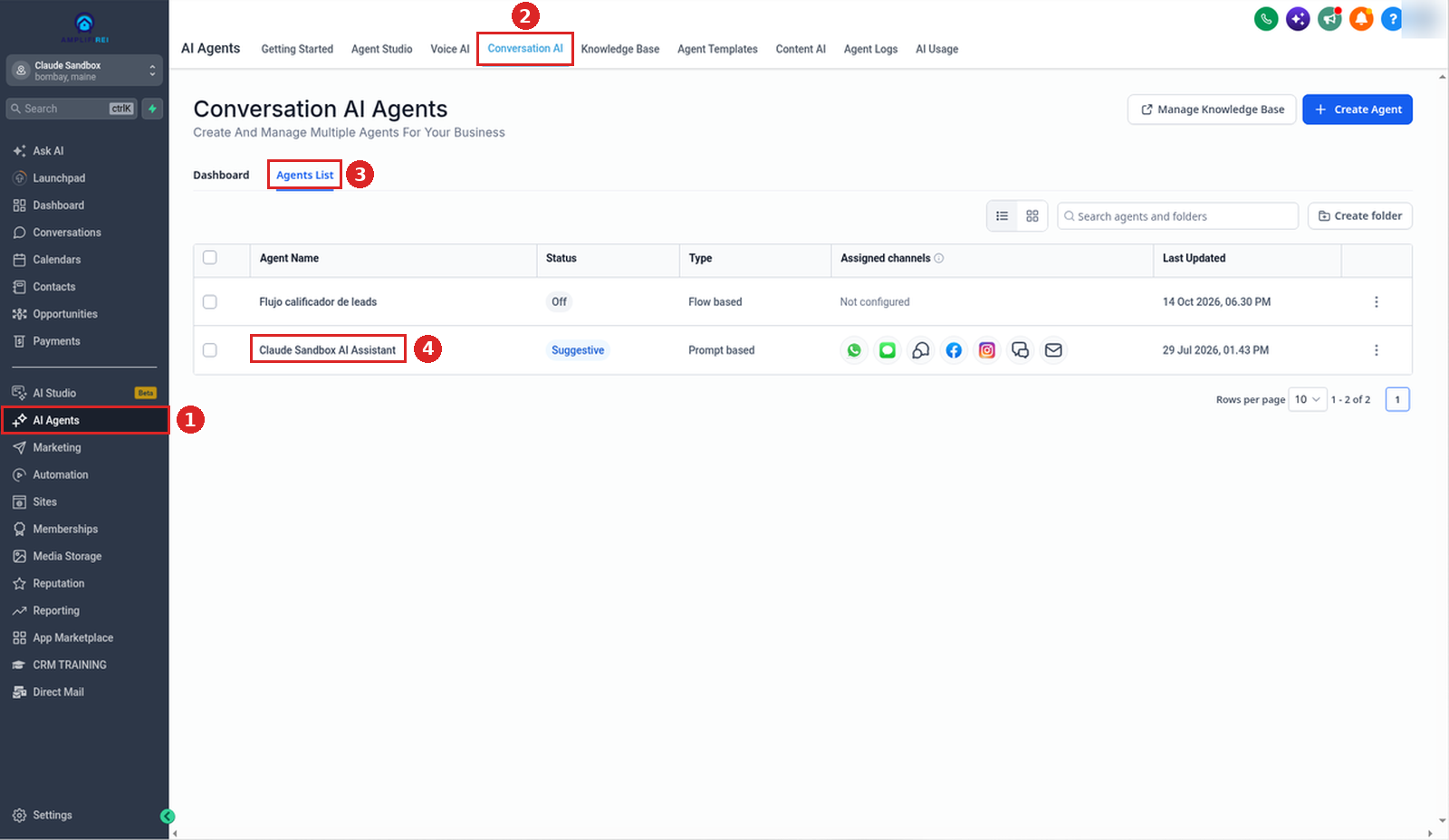 AI Agents → Conversation AI → Agents List with the Claude Sandbox AI Assistant agent