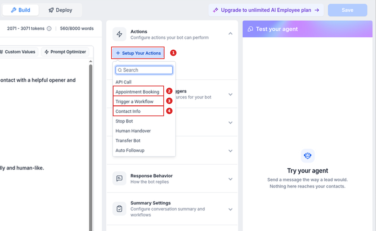 Setup Your Actions menu listing API Call, Appointment Booking, Trigger a Workflow, Contact Info and more