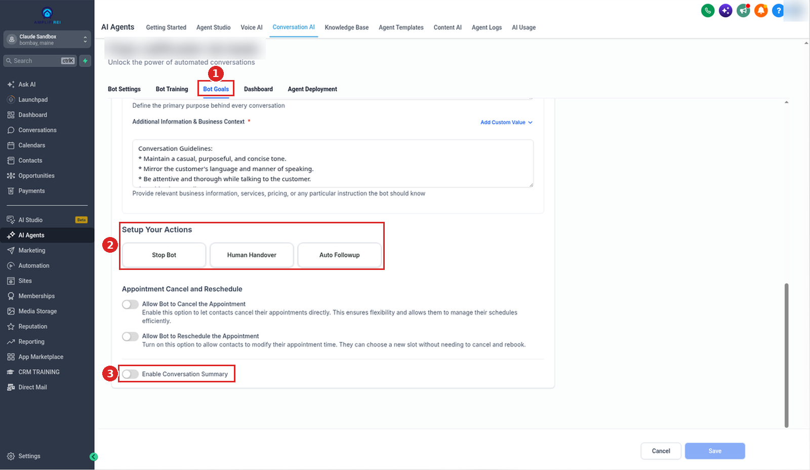 Bot Goals tab of a flow-based Conversation AI agent with Setup Your Actions and Enable Conversation Summary