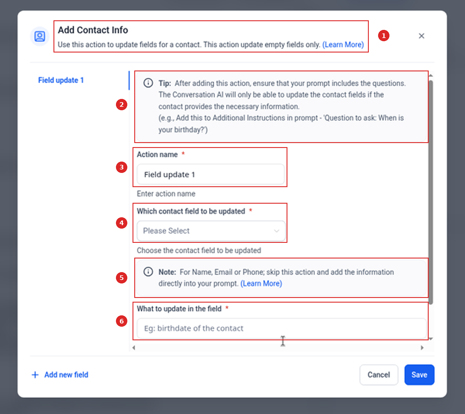 Add Contact Info dialog with Action name, Which contact field to be updated and What to update in the field