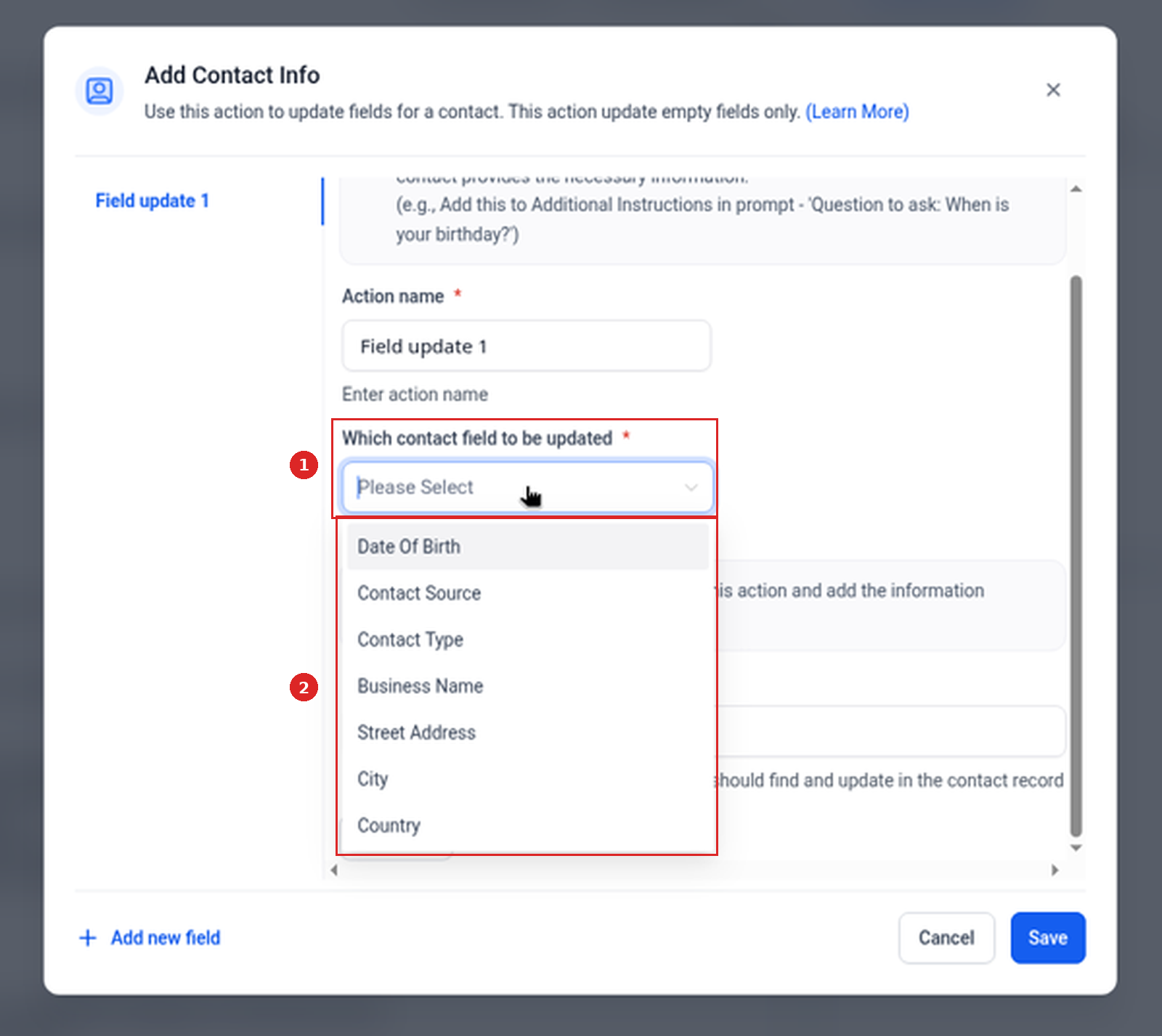 Which contact field to be updated dropdown open with contact fields such as City and Street Address