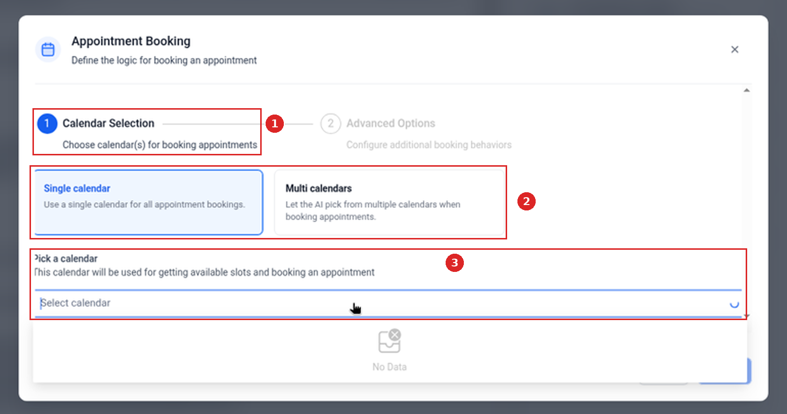 Appointment Booking dialog with Calendar Selection, Single calendar or Multi calendars, and Pick a calendar