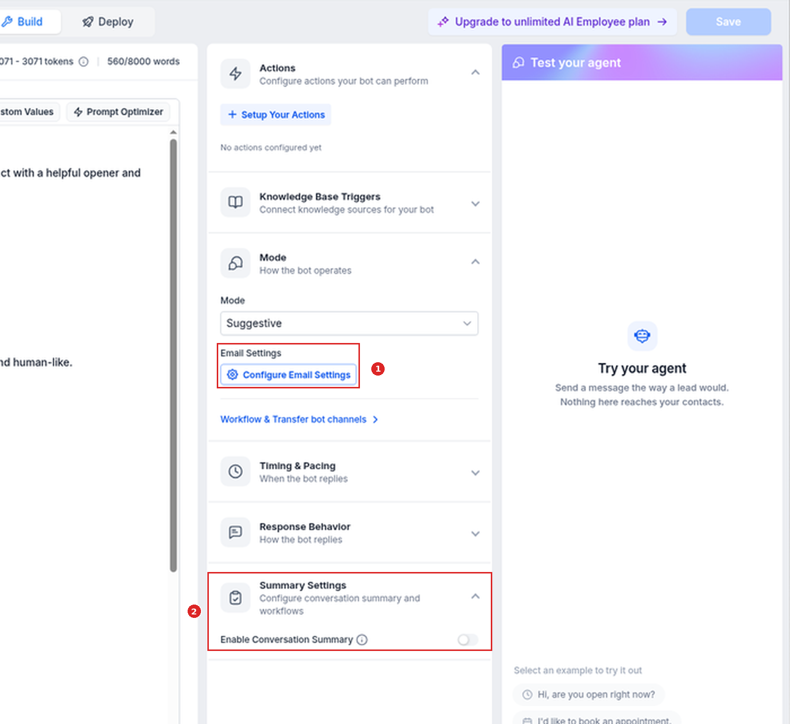 Mode section with Configure Email Settings and Summary Settings with Enable Conversation Summary