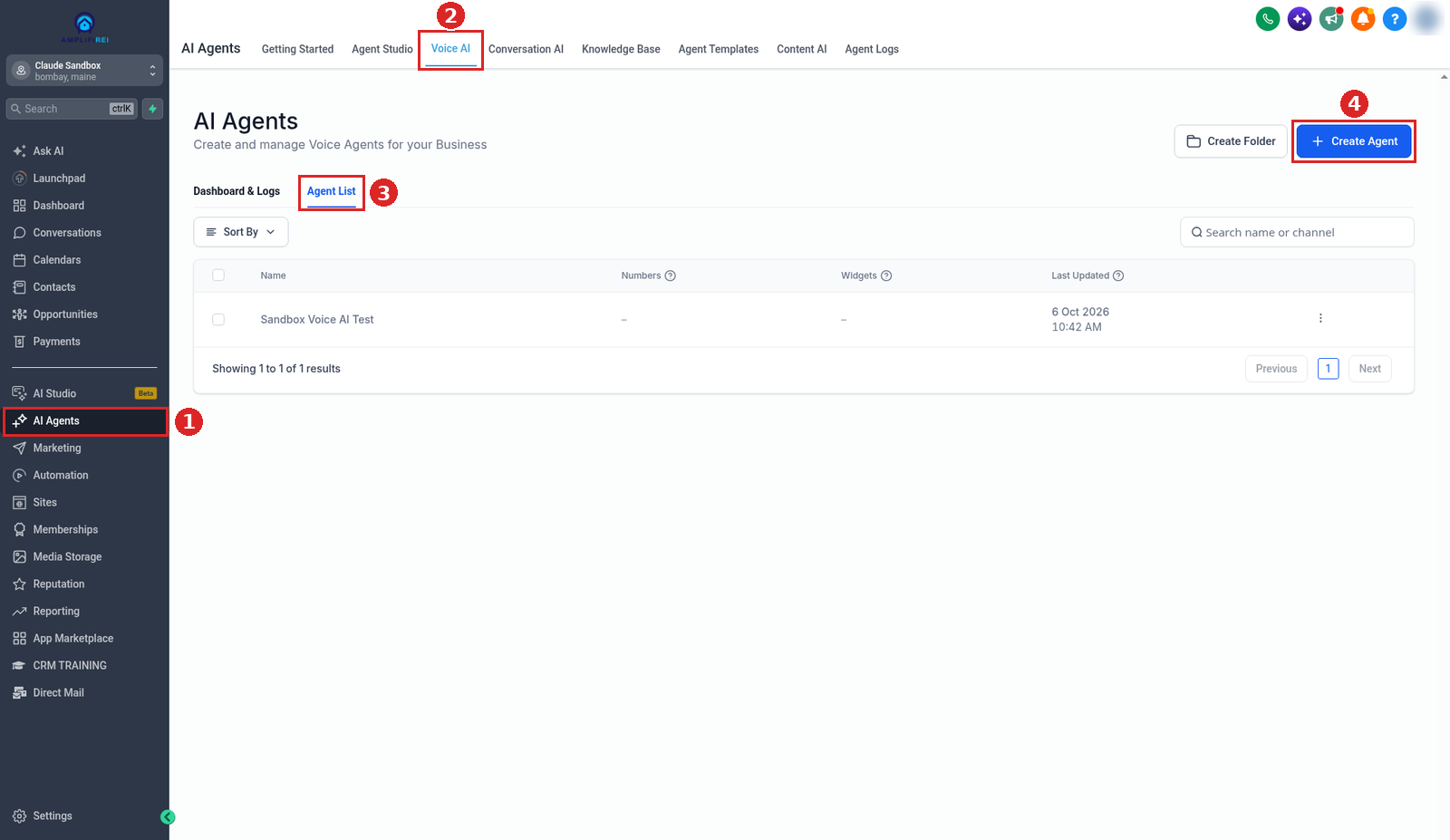 AI Agents, Voice AI page on the Agent List tab with the Create Agent button
