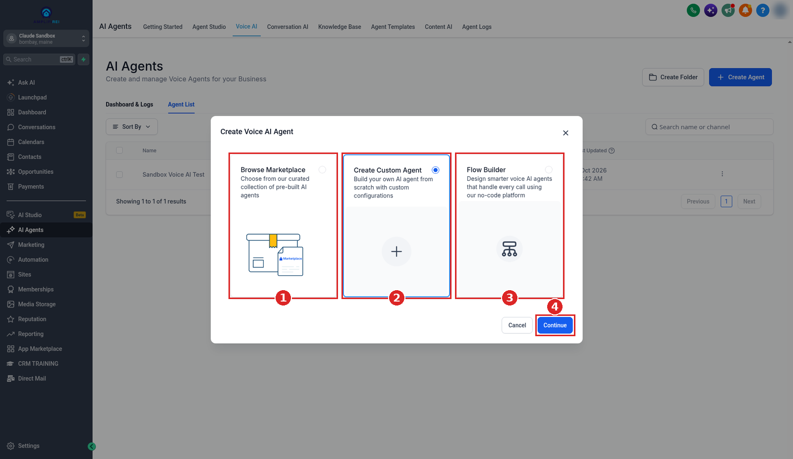 Create Voice AI Agent window with Browse Marketplace, Create Custom Agent selected, Flow Builder, and Continue
