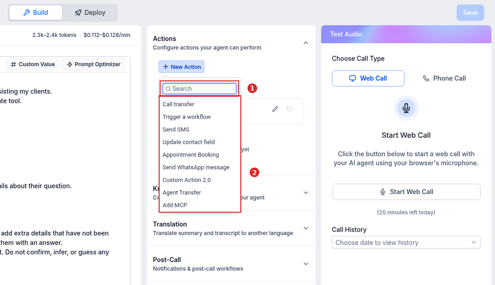 New Action menu with Search and nine Voice AI action types