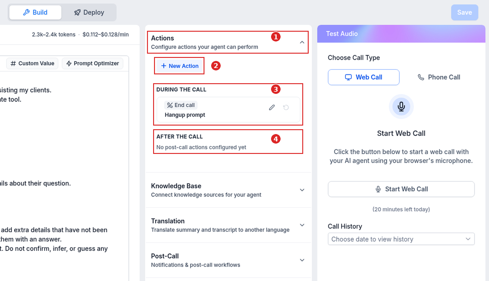 Voice AI Actions section with New Action, a default End call action during the call, and no after-call actions