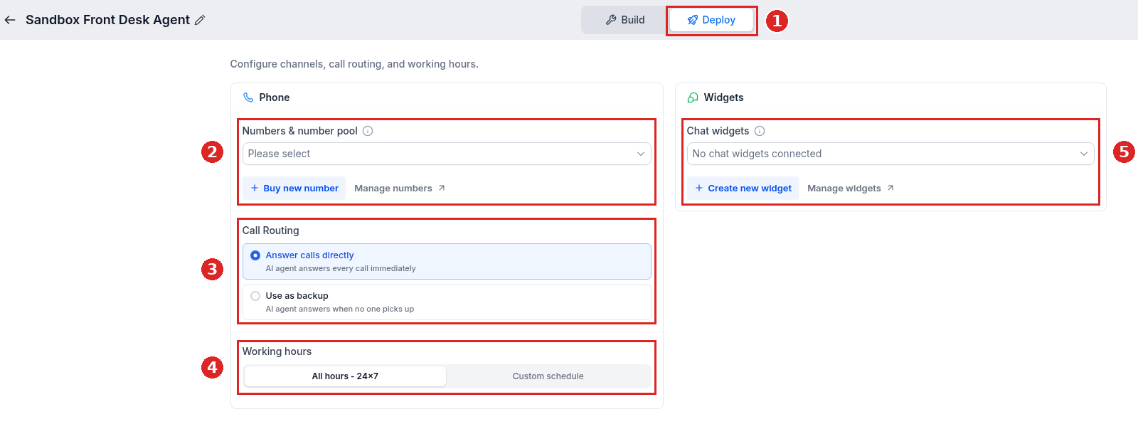 Voice AI Deploy tab with Numbers and number pool, Call Routing, Working hours, and Chat widgets