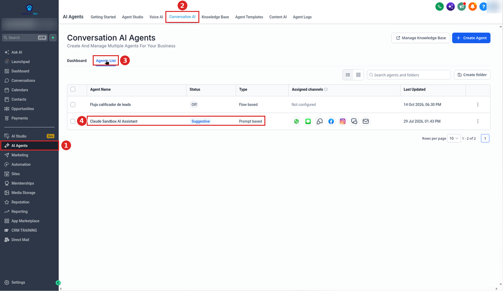 AI Agents → Conversation AI → Agents List with the Claude Sandbox AI Assistant prompt-based agent