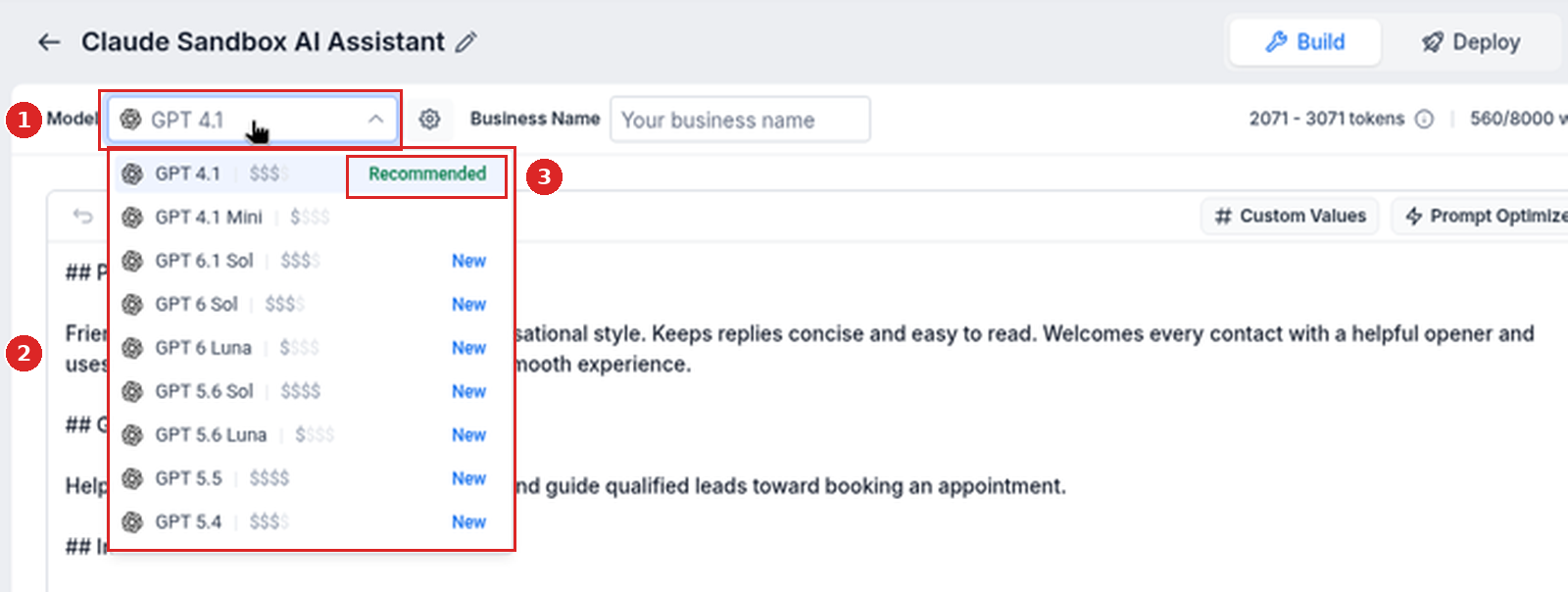 The Model dropdown open with GPT 4.1 marked Recommended