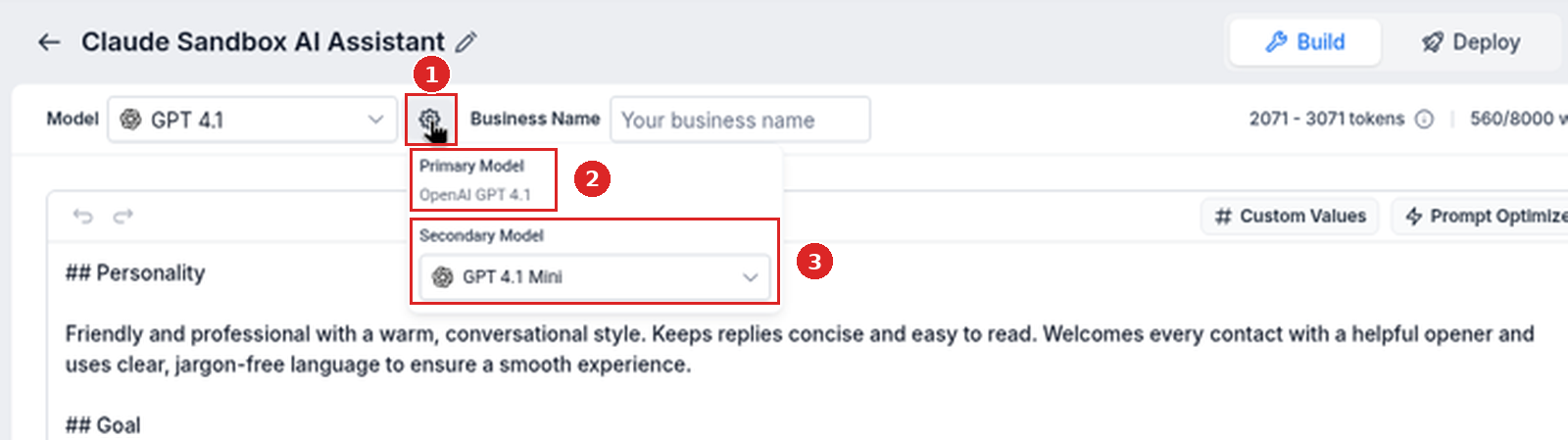 The model settings popover with Primary Model OpenAI GPT 4.1 and a Secondary Model dropdown