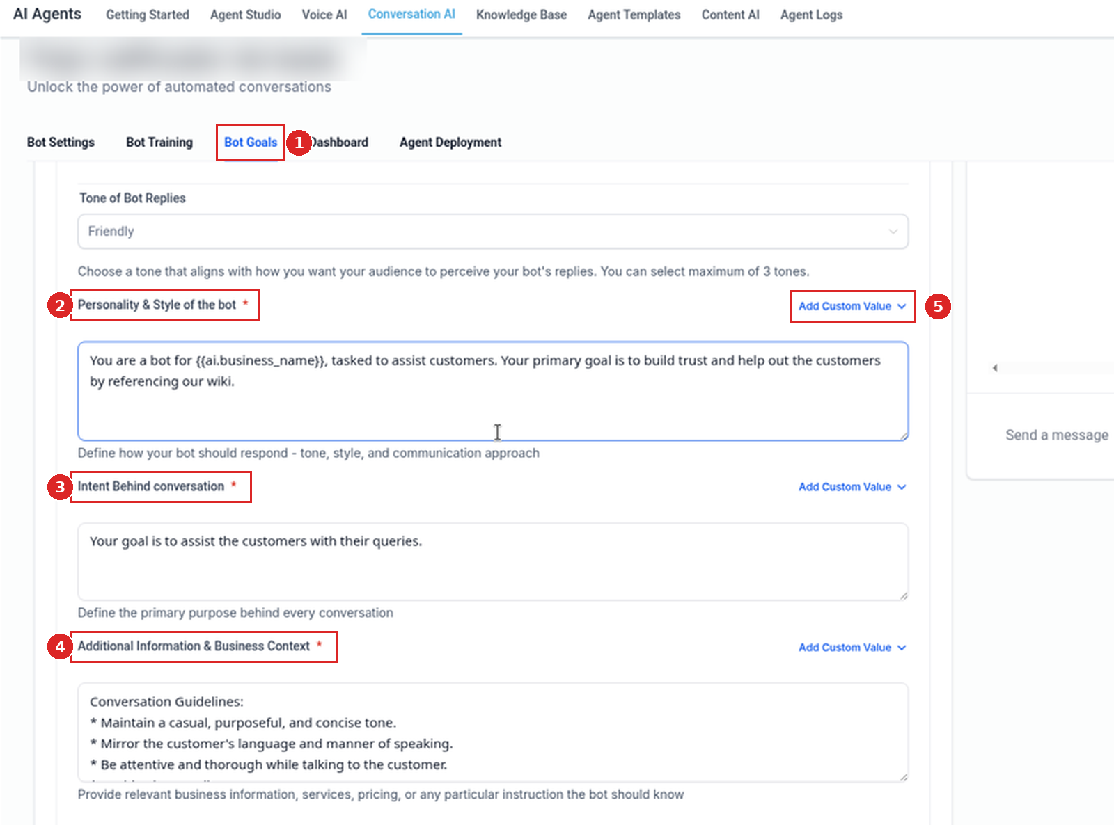Personality and Style of the bot, Intent Behind conversation, and Additional Information and Business Context fields with Add Custom Value links