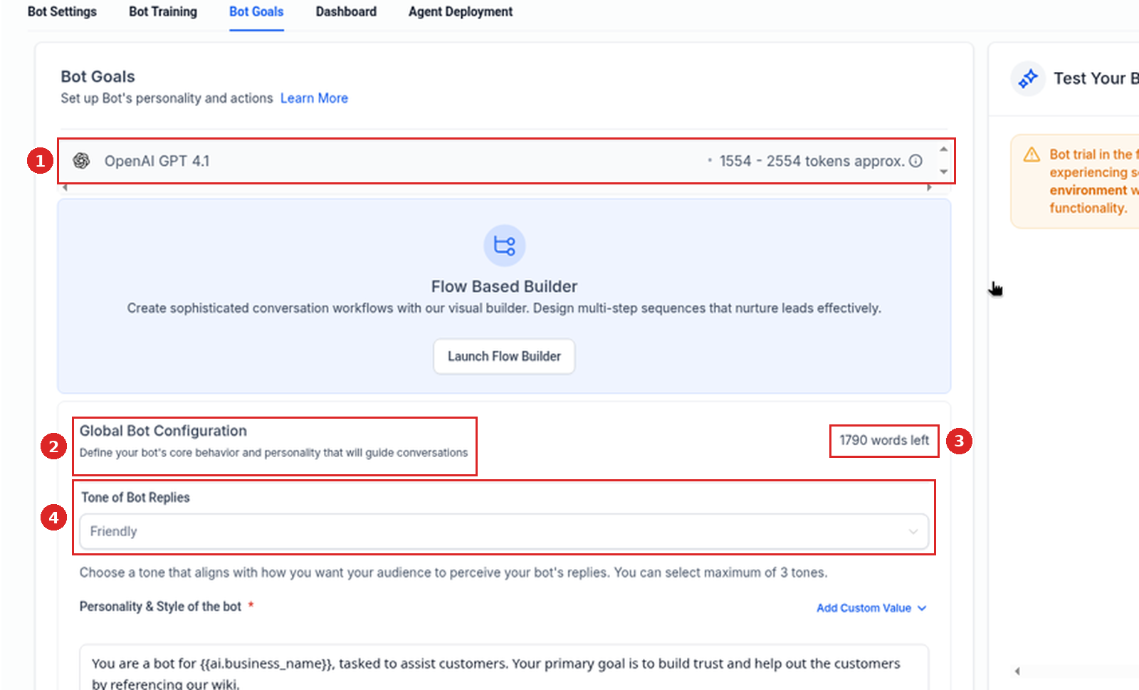 Bot Goals tab of a flow-based agent with the model line, Global Bot Configuration, words left counter and Tone of Bot Replies