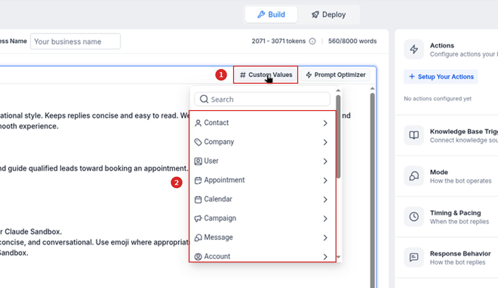 The Custom Values list open above the prompt editor with Contact, Company, User, Appointment, Calendar, Campaign, Message and Account
