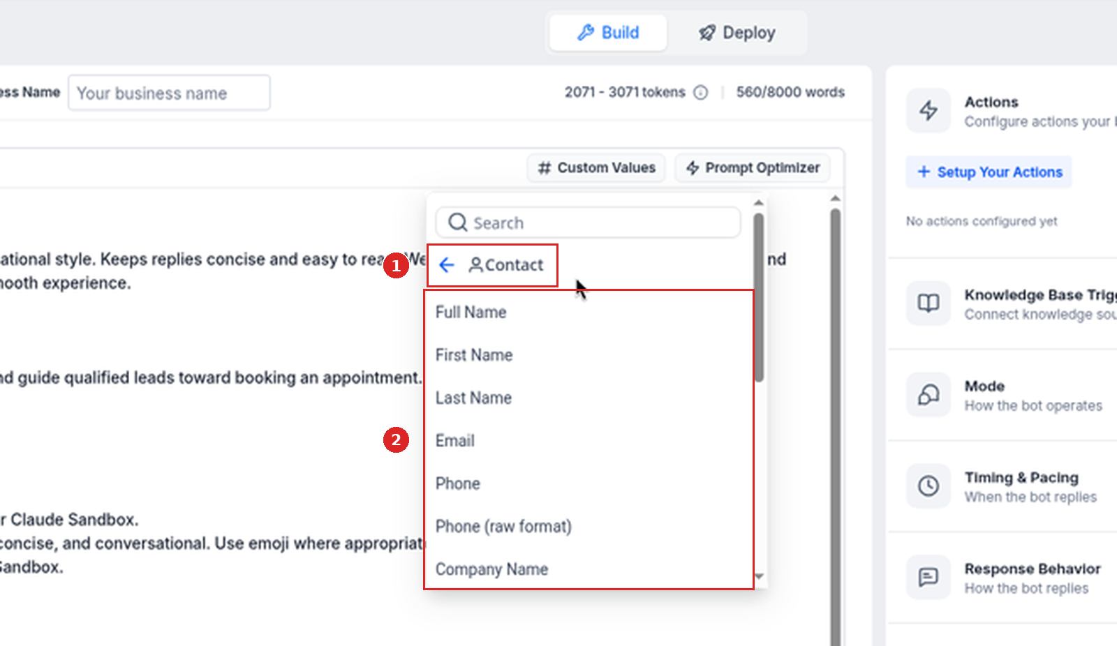 The Contact category of Custom Values with Full Name, First Name, Last Name, Email, Phone and more