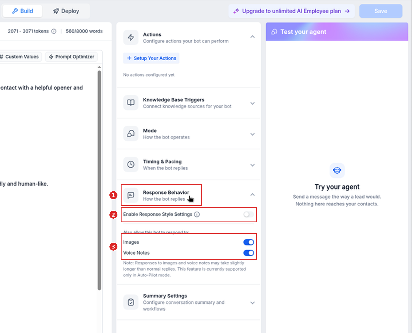 Response Behavior expanded with the Enable Response Style Settings toggle, Images and Voice Notes